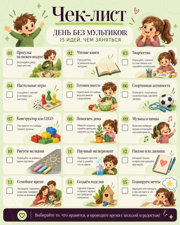 Памятка для родителей: Чек-лист «День без мультиков»: 15 идей, чем заняться